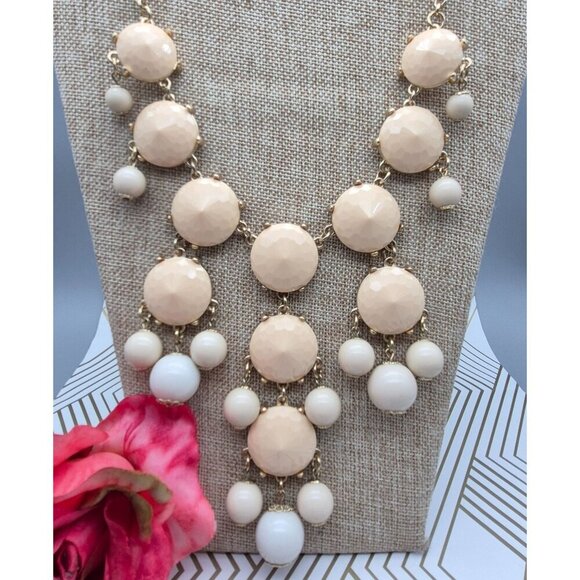 Statement Gold Tone Bubble Necklace Neutral Cream Faceted Bead Rolo Chain 24" - Picture 3 of 7